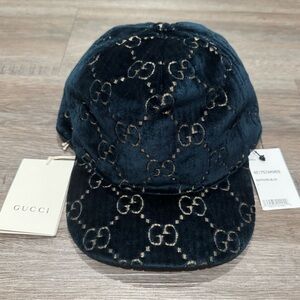 Gucci Double GG Logo Sapphire Blue Gold Velvet Baseball Cap Hat